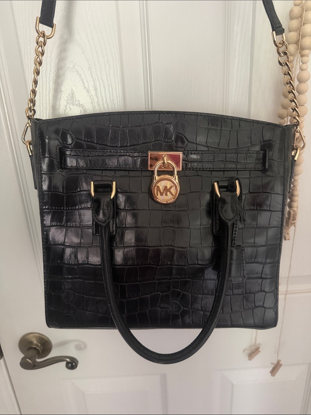 Michael Kors Black Croc-Embossed Tote with Gold Hardware